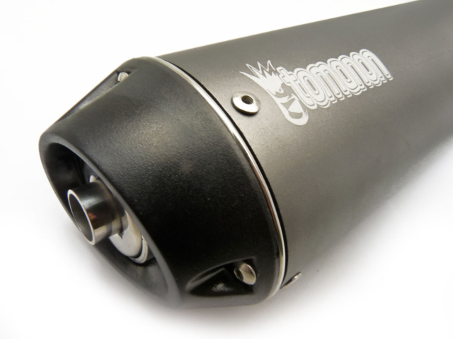 pitbike koncovka výfuku oválná, titanium s logem Tomanon utlumená, 31 mm svod
