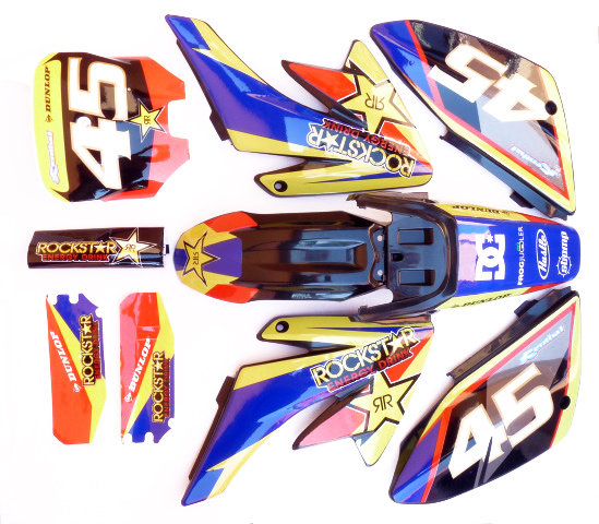 pitbike černé plasty CRF70 s polepy rockstar/žluté, Stomp, DemonX, WPB