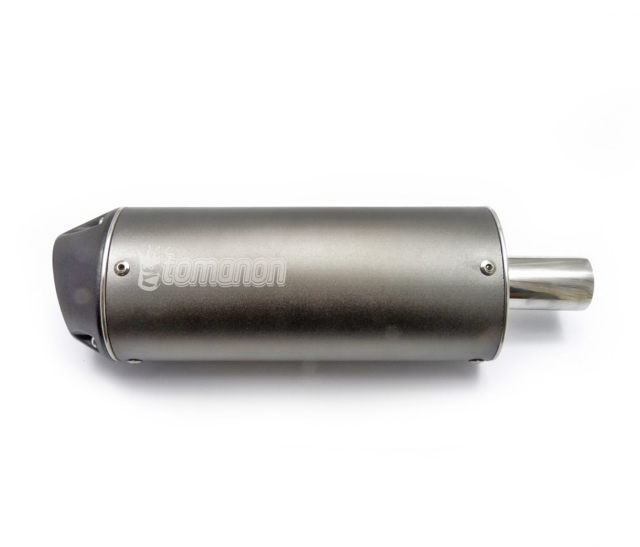 pitbike koncovka výfuku oválná, titanium s logem Tomanon utlumená, 31 mm svod